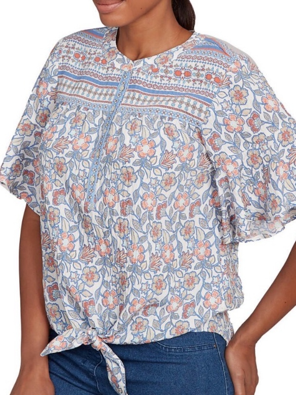 Ruby Rd. Women's Vintage Floral Tie Front Henley Tee in Blues/Orange (Size L) - Picture 3 of 11